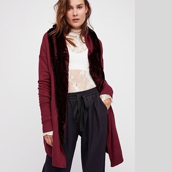 Free People Sweaters - Free People Westwood Cardigan M NWT Dark Berry Hooded Velvet Wrap Whimsygoth